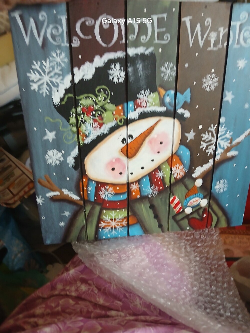 Welcome Winter Snowman Holiday Wall Art - Blue/Green